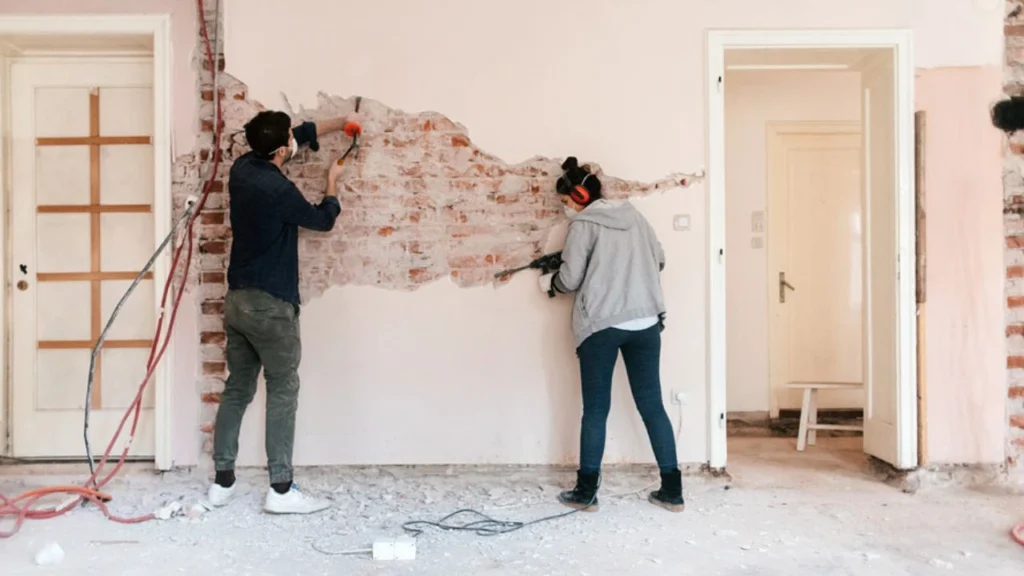 DIY home improvement projects including wall painting, floating shelves, and modern lighting