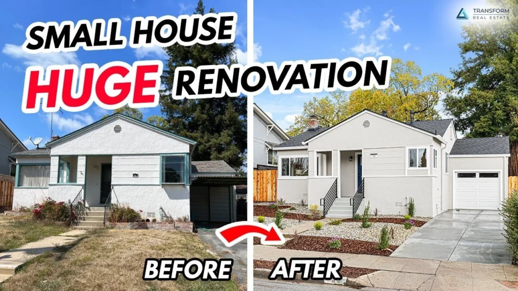 Before and after home renovation showing a modern house transformation with improved interior and exterior design.