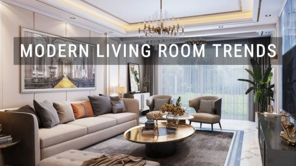 Modern living room with comfortable furniture, smart lighting, and decorative wall art