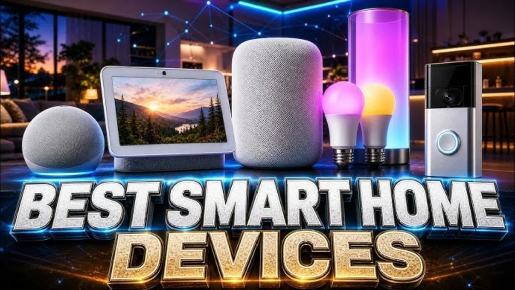 Smart home devices including thermostat, security camera, and smart doorbell installed in a modern home