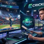 E cricket game showing digital cricket match with batter and bowler