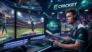 E cricket game showing digital cricket match with batter and bowler