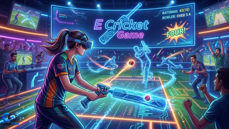 E Cricket game showing realistic cricket gameplay and an esports stadium