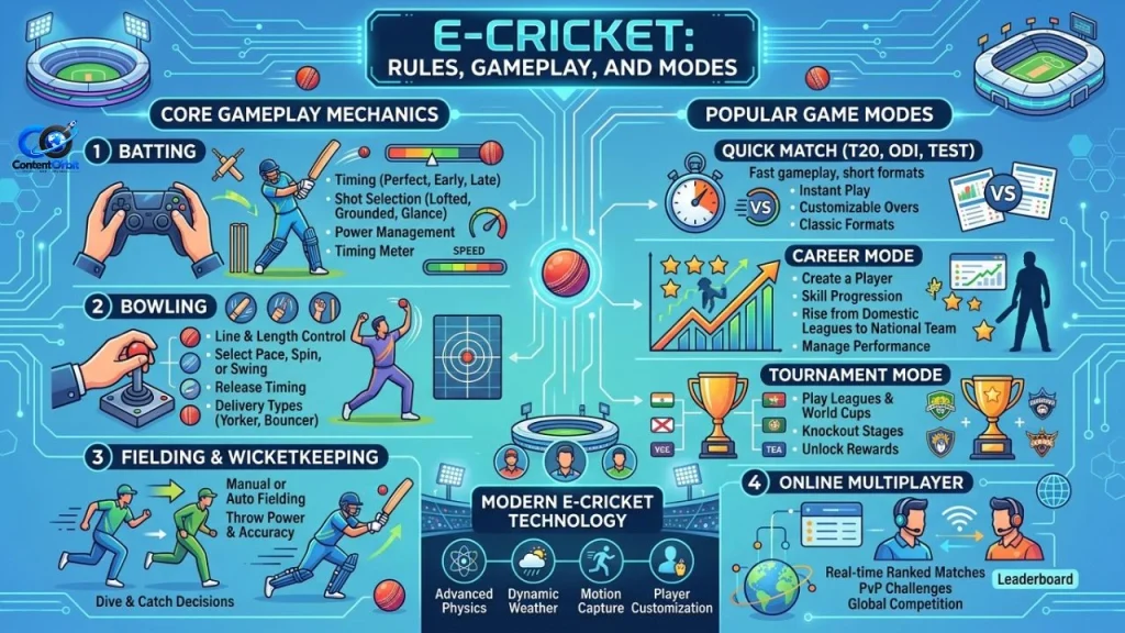 “E-cricket rules and game modes explained, covering gameplay formats, match rules, and different e-cricket modes.”