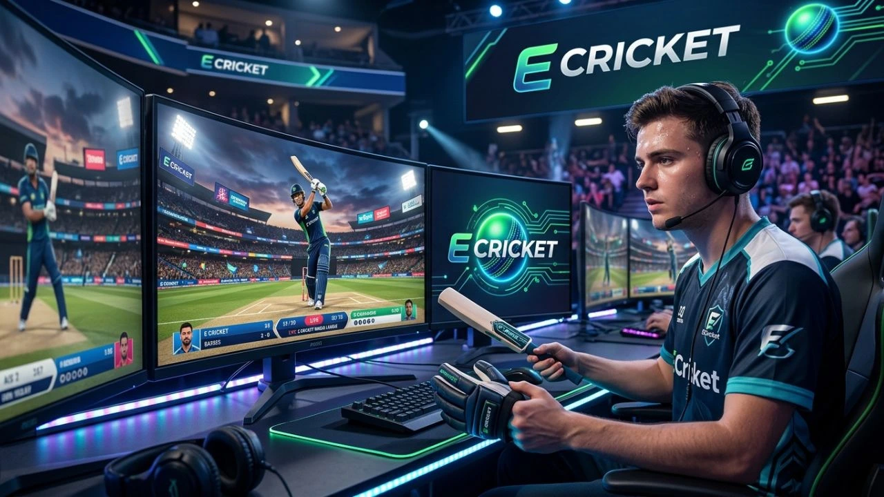 E cricket game showing digital cricket match with batter and bowler