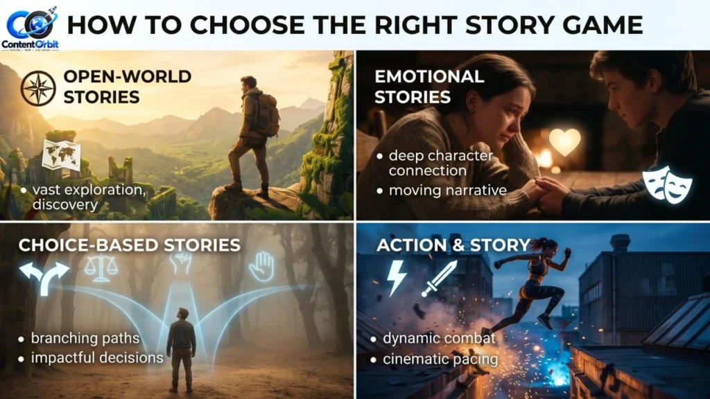 Action and Story in Story Games for an Engaging Gaming Experience