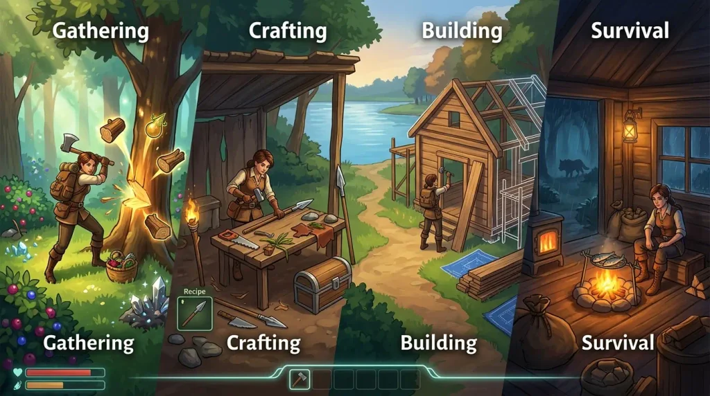 Rust Mobile gameplay featuring gathering, crafting, building, and survival mechanics
