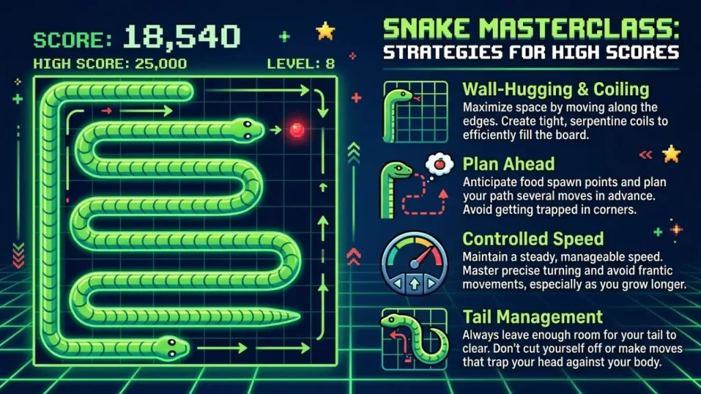 The best strategies for achieving higher scores in the Snake Game. I AI Generated
