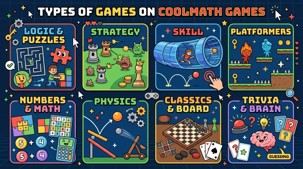 Types of games available on Cool Math Games, including online puzzles, strategy games, logic challenges, and brain-training activities © ContentOrbit.co.uk I AI Generated