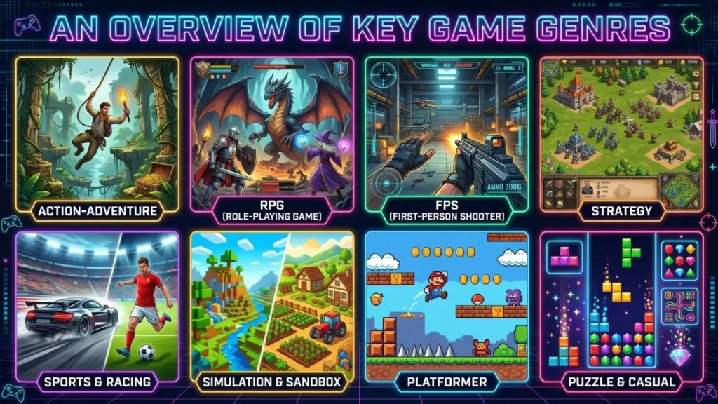 An overview of key game genres and their main features. I AI Generated