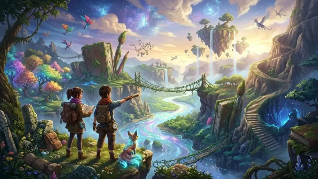 Discovering adventures and creative worlds in mobile games with exciting landscapes, colorful environments, and fun exploration experiences. I AI Generated