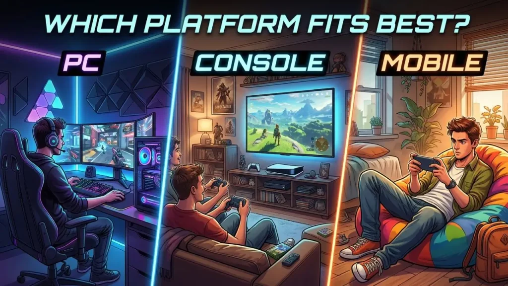 PC, console, and mobile games compared to find the best gaming platform. I AI Generated