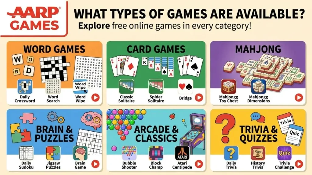 Types of games available on AARP Games including puzzles, cards, and word games I AI Generated